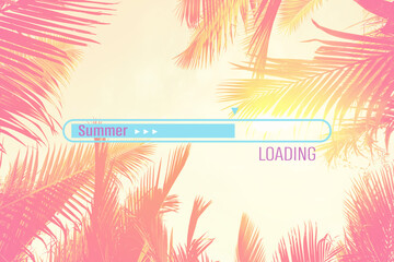 Summer loading words on tropical palm tree background.