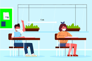 new normal social distancing classroom concept with boy and girl. Each one sitting at chair and table with distance between them
