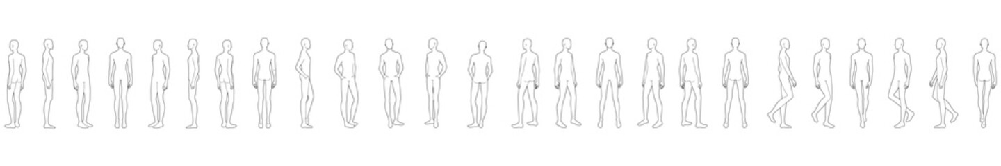 Fashion template of 25 men in different poses. 9 head size for technical drawing. Gentlemen figure front, side, 3-4 and back view. Vector outline boy for fashion sketching and illustration.