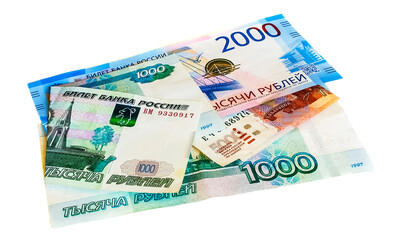 Russian paper money of different denominations on an isolated background