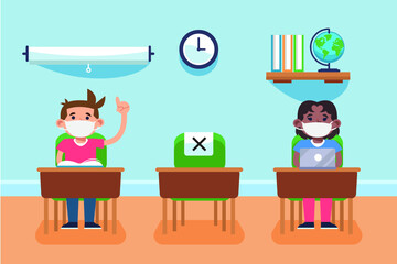 Social distance in New normal Concept, Boy and girl wearing medical face mask in Classroom. prevent pandemic of corona virus or COVID-19.