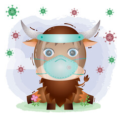 Naklejka premium cute yak using face shield and mask. Covid-19, coronavirus vector illustration
