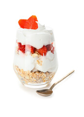 Tasty strawberry dessert in glass on white background