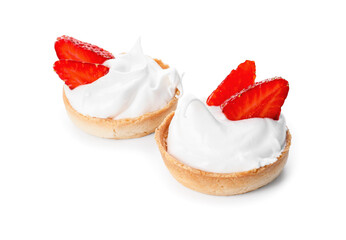 Tasty tartlets with strawberry on white background