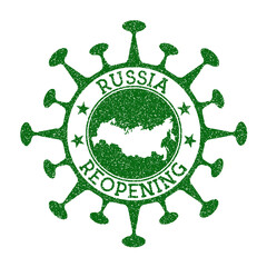 Russia Reopening Stamp. Green round badge of country with map of Russia. Country opening after lockdown. Vector illustration.