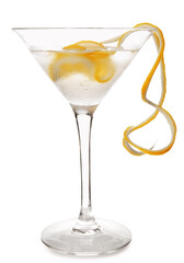 Glass of tasty martini cocktail on white background