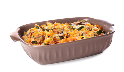 Tasty baked pasta in dish on white background