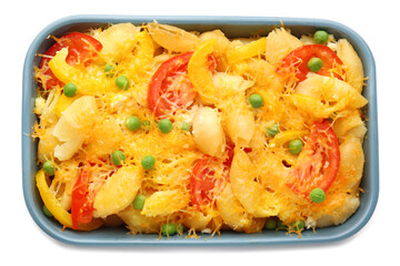 Tasty baked pasta in dish on white background