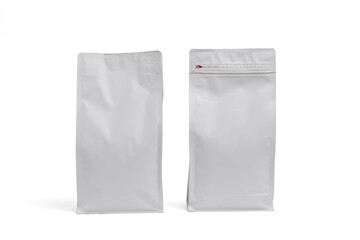 Coffee Foil plastic paper bag front and back view isolated on white background. 
