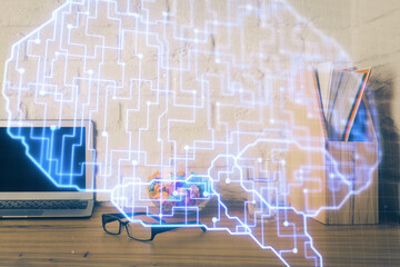 Double exposure of desktop computer and human brain drawing hologram. Ai concept.
