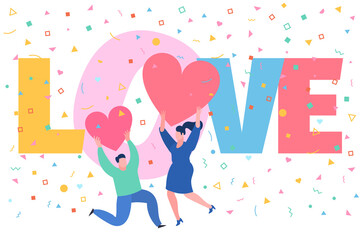 Man and woman holding hearts. Valentine day. Love and relationship.