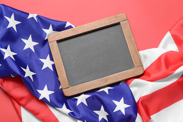 USA flag and chalkboard on color background