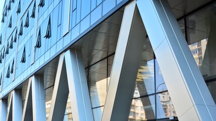 Combination of metal and glass wall material. Steel facade on columns. Abstract modern architecture. High-tech minimalist office building. Contemporary business architecture abstract fragment.