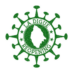 La Digue Reopening Stamp. Green round badge of island with map of La Digue. Island opening after lockdown. Vector illustration.