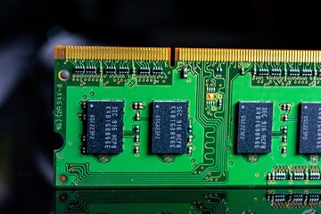 Closeup of a random access memory stick under the lights on a dark blurry background