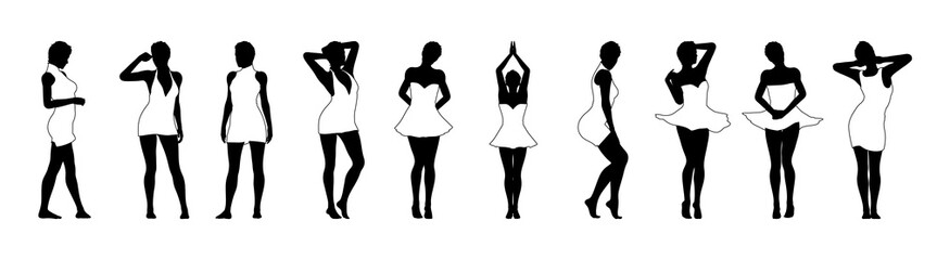 Set of beautiful a fashion girls in short dress. Silhouette of young woman. Vector illustration.
