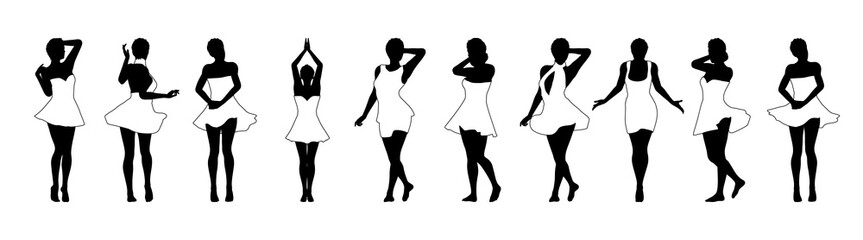 Obraz na płótnie Canvas Set of beautiful a fashion girls in short dress. Silhouette of young woman. Vector illustration.