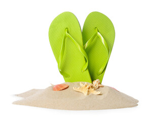 Stylish flip-flops, beach sand and sea shells on white background