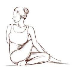 Yoga. Twisting posture for the back. Contour drawing of a girl who goes in for sports.