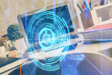 Multi exposure of desktop with personal computer and tech theme drawing. Concept of Bigdata.