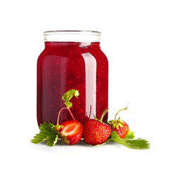 Jar of tasty strawberry jam on white background