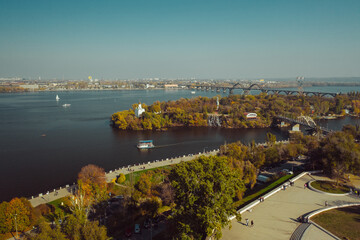 Fototapeta premium View over the Dnieper River in Kiev. Aerial drone view.