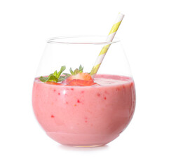 Glass of tasty strawberry smoothie on white background