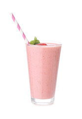 Glass of tasty strawberry smoothie on white background