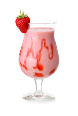 Glass of tasty strawberry smoothie on white background