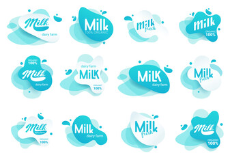 Milk badge and dairy labels with splashes and bolts. Milk badge with drop and splash for labels of package. Liquid amoeba shapes.