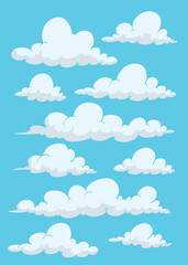 White clouds of different shapes on a blue background