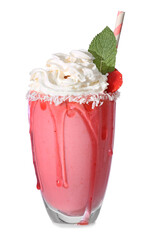 Glass of tasty strawberry milkshake on white background
