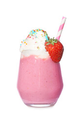 Glass of tasty strawberry milkshake on white background