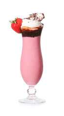 Glass of tasty strawberry milkshake on white background