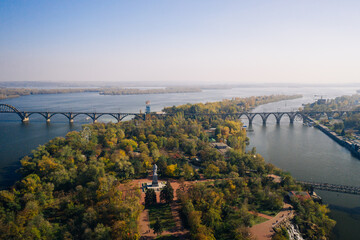 View over the Dnieper River in Kiev. Aerial drone view.