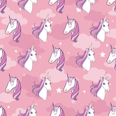 Seamless vector pattern unicorns on pink clouds background