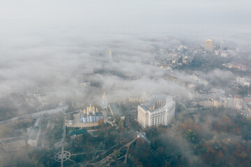 Aerial view of the city in the fog