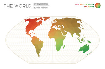 Polygonal world map. Eckert VI projection of the world. Red Yellow Green colored polygons. Trending vector illustration.