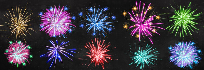 FIREWORK banner panorama, isolated template set - Many abstract colorful firework on black background