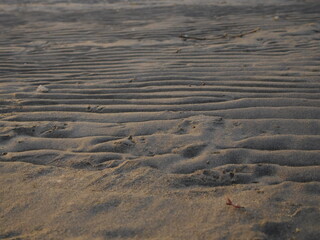 footprints iof water waves on the sand of shore. sand ripples pattern on sandy beach.