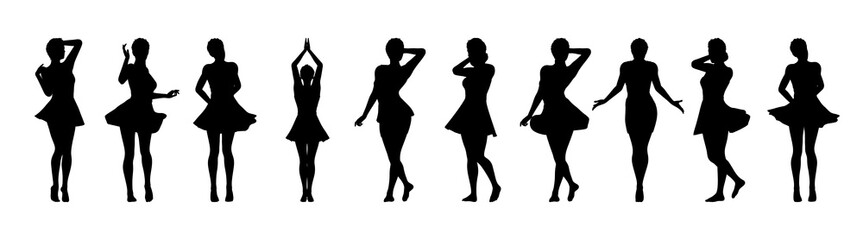 Set of beautiful a fashion girls in short dress. Silhouette of young woman. Vector illustration.
