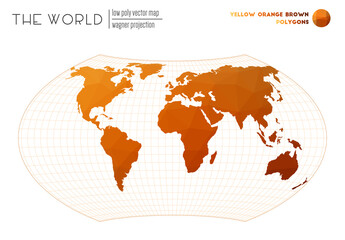 Low poly design of the world. Wagner projection of the world. Yellow Orange Brown colored polygons. Elegant vector illustration.