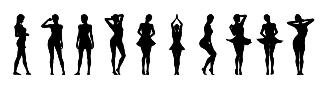 Set of beautiful a fashion girls in short dress. Silhouette of young woman. Vector illustration.