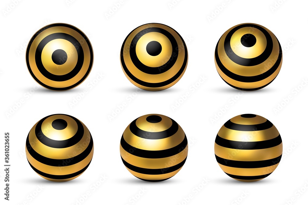 Poster realistic glossy golden black sphere stripped 3d metal in different position set isolated on white b