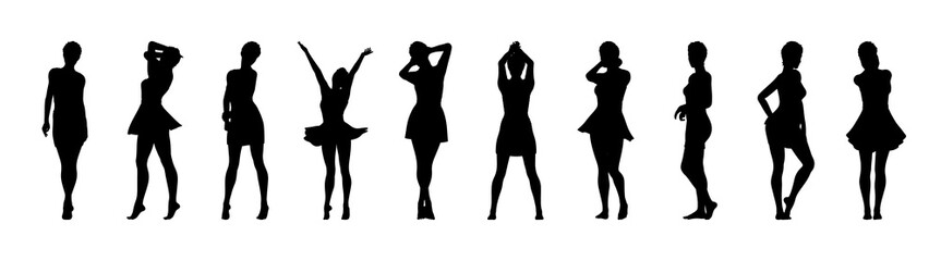Set of beautiful a fashion girls in short dress. Silhouette of young woman. Vector illustration.