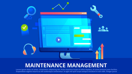 Maintenance management vector banner. Screen with website and icon with tools.