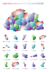 Bhutanese low poly regions. Polygonal map of Bhutan with regions. Geometric maps for your design. Beautiful vector illustration.