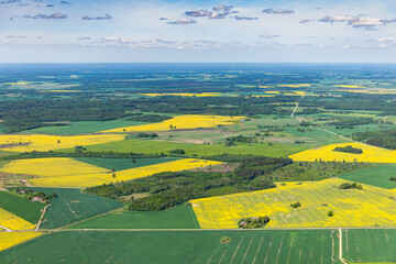 aerial view over the rural fields in spring