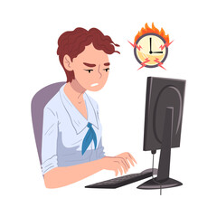 Businesswoman Working Overtime at Deadline, Overloaded Female Office Worker Sitting at Workplace in Office in High Stress Conditions Vector Illustration