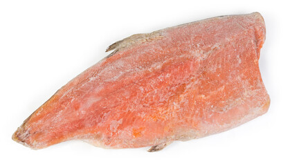 Frozen trout fillet on the skin on a white background